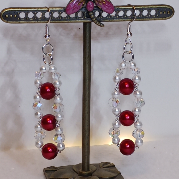 New, Earrings Pearl & Crystal with SS ear wires, 2.75 length. - Picture 1 of 3